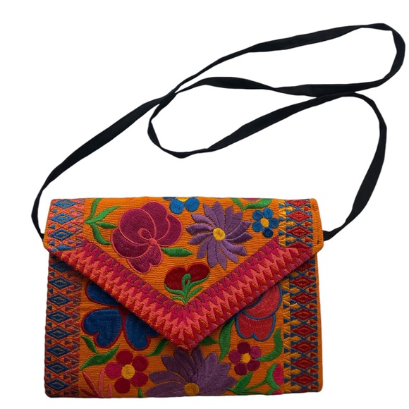 Orange Floral Embroidered Clutch Purse, New, Mexican Style - Picture 3 of 8